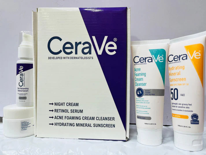 CeraVe 4-in-1 Skincare Kit: Night Cream, Sunblock, Cleanser & Serum for Radiant Skin