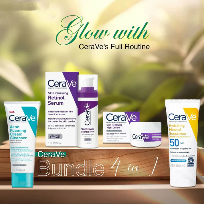 CeraVe 4-in-1 Skincare Kit: Night Cream, Sunblock, Cleanser & Serum for Radiant Skin